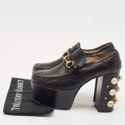 Gucci Black Leather Pearl Studded Vegas Platform Loafer Pumps Size 39