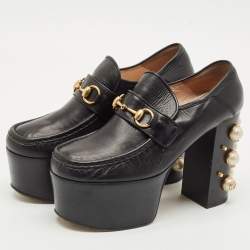 Gucci Black Leather Pearl Studded Vegas Platform Loafer Pumps Size 39
