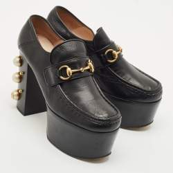 Gucci Black Leather Pearl Studded Vegas Platform Loafer Pumps Size 39