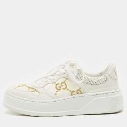 Gucci White Leather Gold Lame GG Platform Sneakers Size 38.5