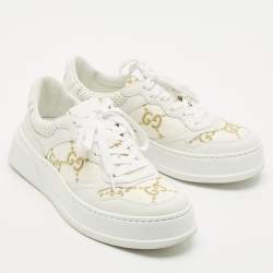 Gucci White Leather Gold Lame GG Platform Sneakers Size 38.5