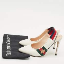 Gucci White Leather Bee Web Detail Sylvie Slingback Pumps Size 36.5