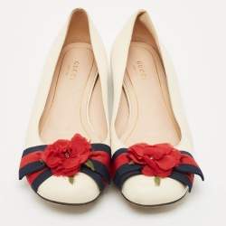 Gucci Cream Leather Web Bow Rose Detail Ballet Flats Size 37