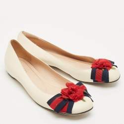 Gucci Cream Leather Web Bow Rose Detail Ballet Flats Size 37