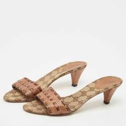 Gucci Brown Leather and GG Canvas Slide Sandals Size 37.5