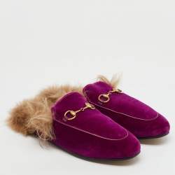 Gucci Purple Fur and Velvet Princetown Mules Size 38