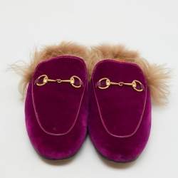 Gucci Purple Fur and Velvet Princetown Mules Size 38