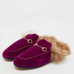 Gucci Purple Fur and Velvet Princetown Mules Size 38