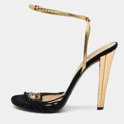 Gucci Black/Gold Suede and Leather Tiger Charm Embellished Ankle Strap Sandals Size 41