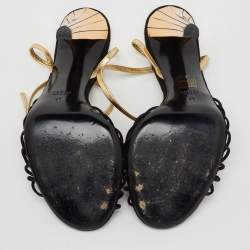Gucci Black/Gold Suede and Leather Tiger Charm Embellished Ankle Strap Sandals Size 41
