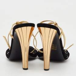 Gucci Black/Gold Suede and Leather Tiger Charm Embellished Ankle Strap Sandals Size 41
