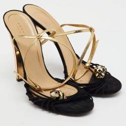 Gucci Black/Gold Suede and Leather Tiger Charm Embellished Ankle Strap Sandals Size 41