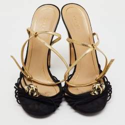 Gucci Black/Gold Suede and Leather Tiger Charm Embellished Ankle Strap Sandals Size 41