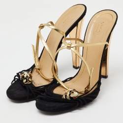 Gucci Black/Gold Suede and Leather Tiger Charm Embellished Ankle Strap Sandals Size 41