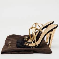 Gucci Black/Gold Suede and Leather Tiger Charm Embellished Ankle Strap Sandals Size 41