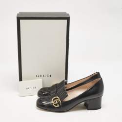 مملوكة مسبقًا Gucci Black Leather Marmont GG Fringe Detail Block Heel Pumps Size 39