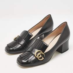مملوكة مسبقًا Gucci Black Leather Marmont GG Fringe Detail Block Heel Pumps Size 39