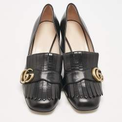 مملوكة مسبقًا Gucci Black Leather Marmont GG Fringe Detail Block Heel Pumps Size 39