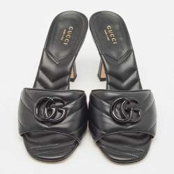 Pre Owned Gucci Black Matelasse Leather GG Marmont Slide Sandals Size 36
