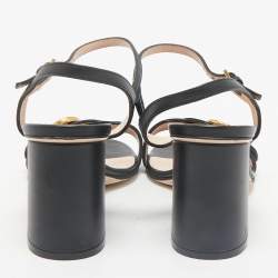 Pre Owned Gucci Black Leather GG Marmont Block Heel Ankle Strap Sandals Size 36.5