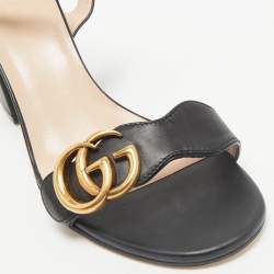 Pre Owned Gucci Black Leather GG Marmont Block Heel Ankle Strap Sandals Size 36.5