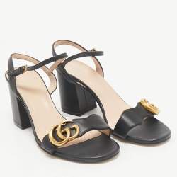 Pre Owned Gucci Black Leather GG Marmont Block Heel Ankle Strap Sandals Size 36.5