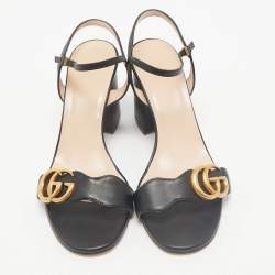 Pre Owned Gucci Black Leather GG Marmont Block Heel Ankle Strap Sandals Size 36.5