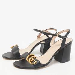 Pre Owned Gucci Black Leather GG Marmont Block Heel Ankle Strap Sandals Size 36.5