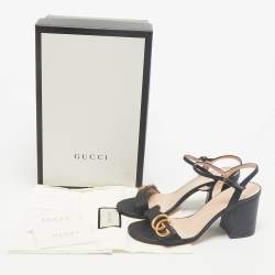 Pre Owned Gucci Black Leather GG Marmont Block Heel Ankle Strap Sandals Size 36.5