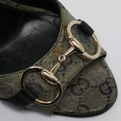 Gucci Grey/Navy Blue GG Supreme Canvas Horsebit Open Toe Slide Sandals Size 37