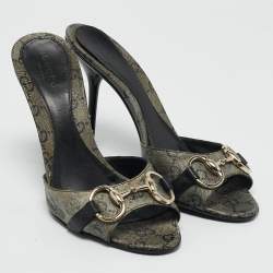 Gucci Grey/Navy Blue GG Supreme Canvas Horsebit Open Toe Slide Sandals Size 37