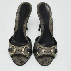Gucci Grey/Navy Blue GG Supreme Canvas Horsebit Open Toe Slide Sandals Size 37
