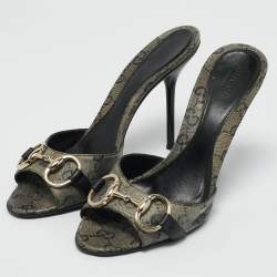 Gucci Grey/Navy Blue GG Supreme Canvas Horsebit Open Toe Slide Sandals Size 37