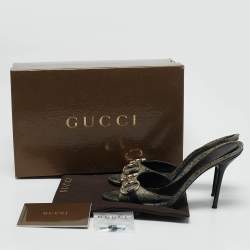 Gucci Grey/Navy Blue GG Supreme Canvas Horsebit Open Toe Slide Sandals Size 37