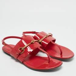 Gucci Pink Patent Leather Horsebit Thong Slingback Flat Sandals Size 39.5