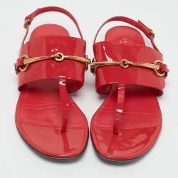 Gucci Pink Patent Leather Horsebit Thong Slingback Flat Sandals Size 39.5
