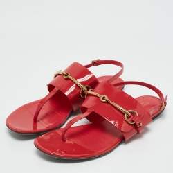 Gucci Pink Patent Leather Horsebit Thong Slingback Flat Sandals Size 39.5