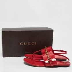 Gucci Pink Patent Leather Horsebit Thong Slingback Flat Sandals Size 39.5