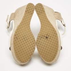 Gucci White Patent Leather Horsebit T-Strap Espadrille Platform Wedge Sandals Size 37