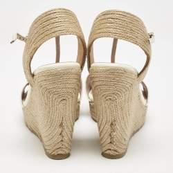 Gucci White Patent Leather Horsebit T-Strap Espadrille Platform Wedge Sandals Size 37