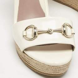 Gucci White Patent Leather Horsebit T-Strap Espadrille Platform Wedge Sandals Size 37