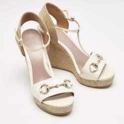 Gucci White Patent Leather Horsebit T-Strap Espadrille Platform Wedge Sandals Size 37