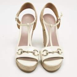 Gucci White Patent Leather Horsebit T-Strap Espadrille Platform Wedge Sandals Size 37