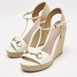 Gucci White Patent Leather Horsebit T-Strap Espadrille Platform Wedge Sandals Size 37