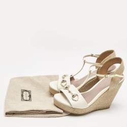 Gucci White Patent Leather Horsebit T-Strap Espadrille Platform Wedge Sandals Size 37