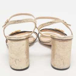Gucci Metallic Gold Crinkled Leather GG Marmont Ankle Strap Sandals Size 39