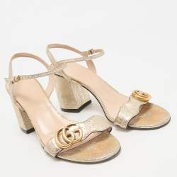 Gucci Metallic Gold Crinkled Leather GG Marmont Ankle Strap Sandals Size 39