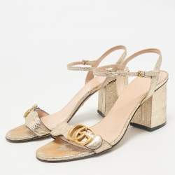 Gucci Metallic Gold Crinkled Leather GG Marmont Ankle Strap Sandals Size 39
