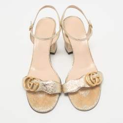 Gucci Metallic Gold Crinkled Leather GG Marmont Ankle Strap Sandals Size 39