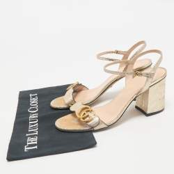 Gucci Metallic Gold Crinkled Leather GG Marmont Ankle Strap Sandals Size 39